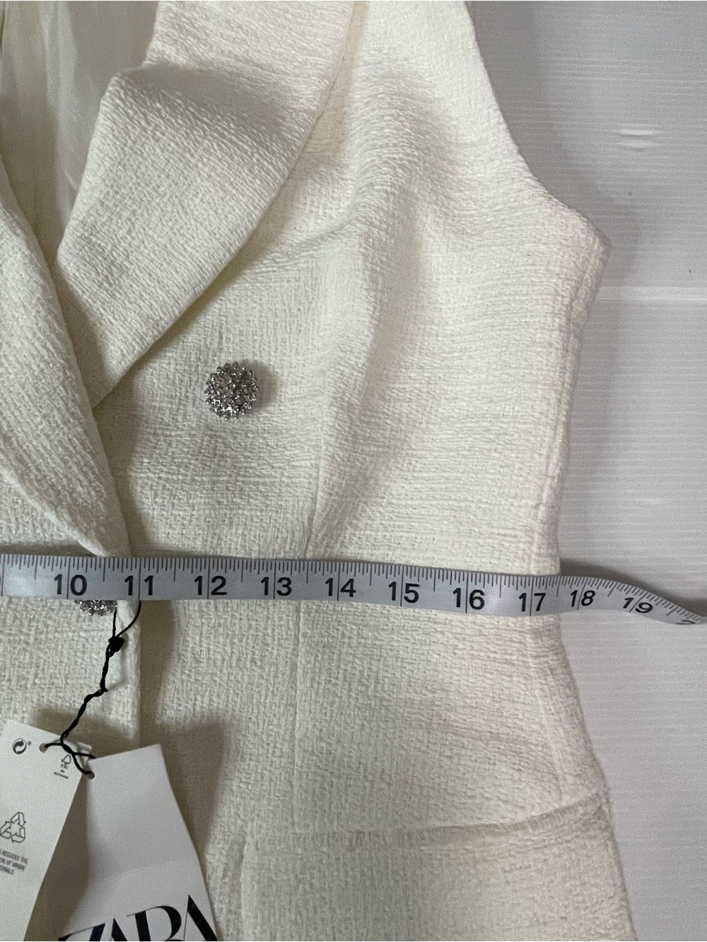 Zara White Tweed Textured Vest Waistcoat Blazer Dress Rhinestone Buttons Size L - Picture 7 of 11